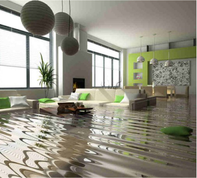  A flooded living room with water covering the carpet, highlighting the urgent need for professional carpet cleaning services to restore the space.