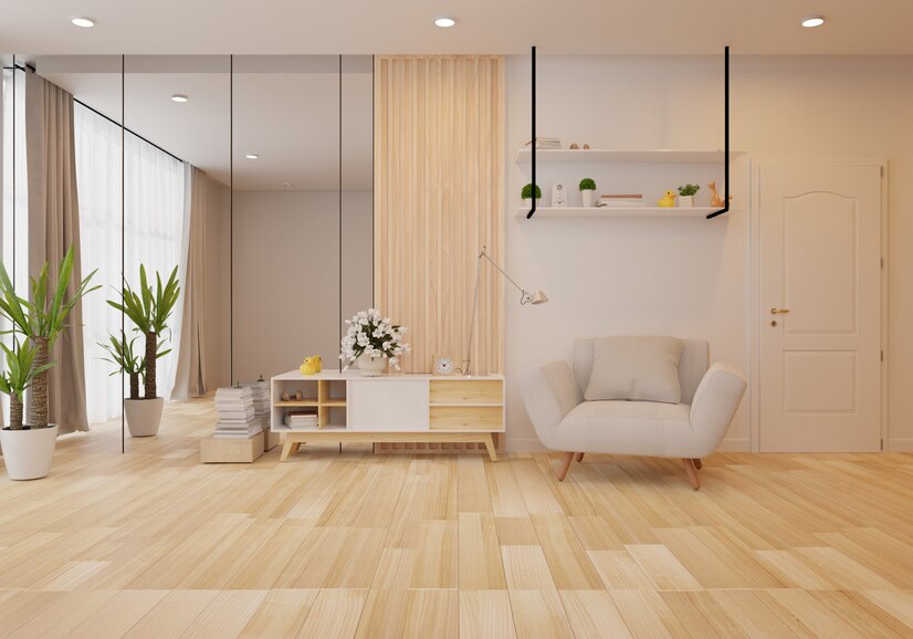 Living room with wood floors and velvet chair