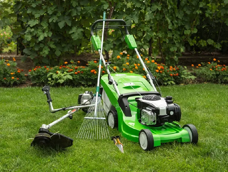 An image of a well-maintained garden with an array of lawn care tools.